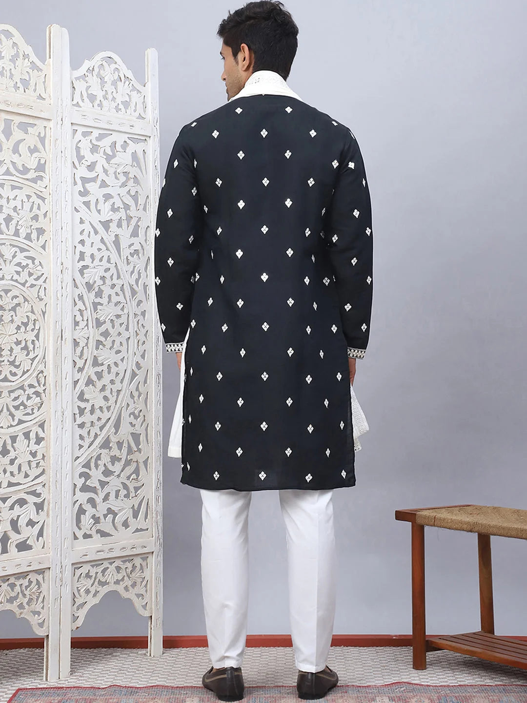 Black Embroidered Kurta Pajama Set with Dupatta | Mens Ethnic ...