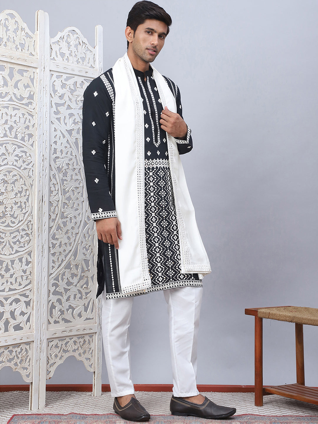 Black Embroidered Kurta Pajama Set with Dupatta | Mens Ethnic ...