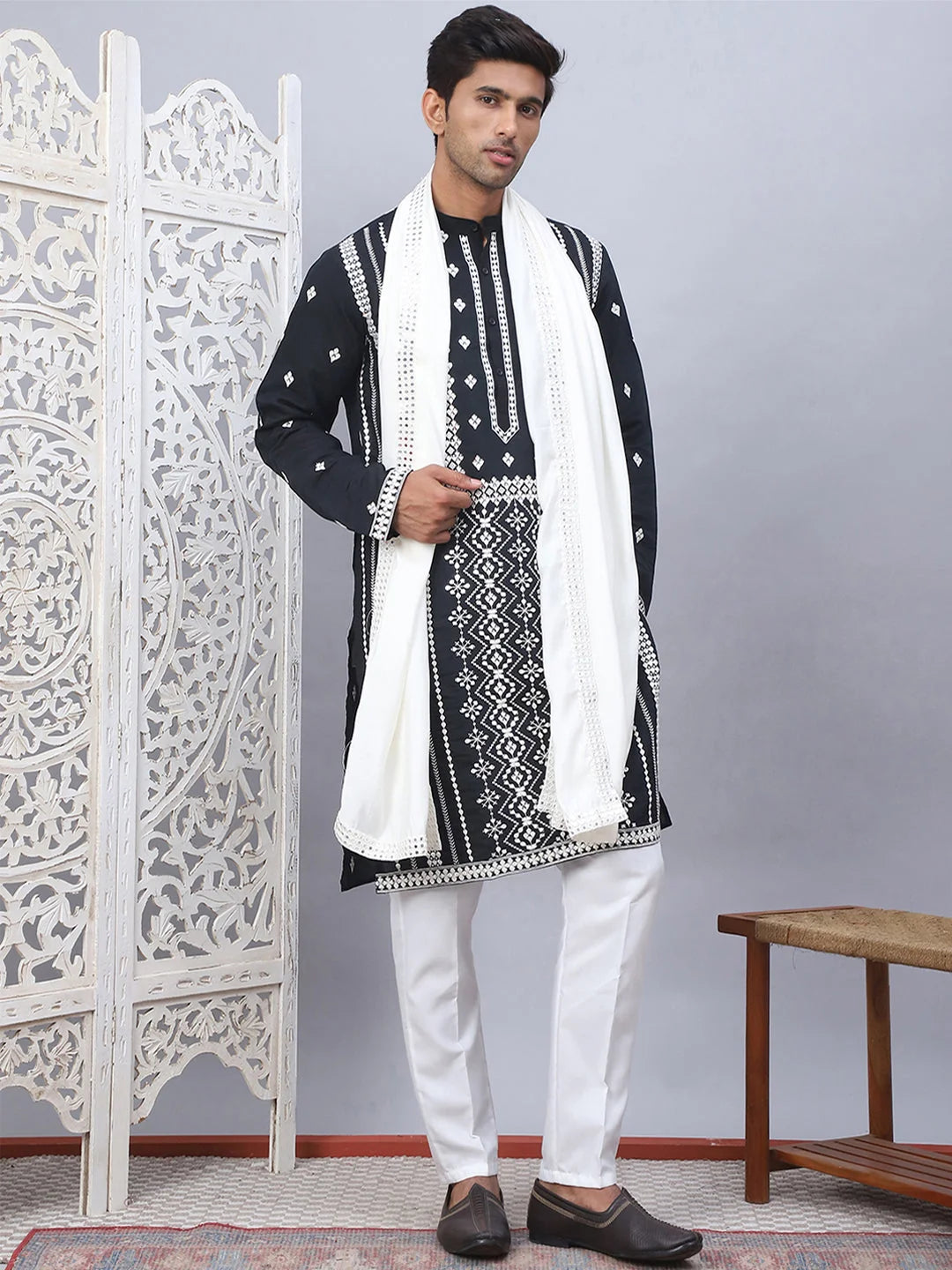 Black Embroidered Kurta Pajama Set with Dupatta | Mens Ethnic ...