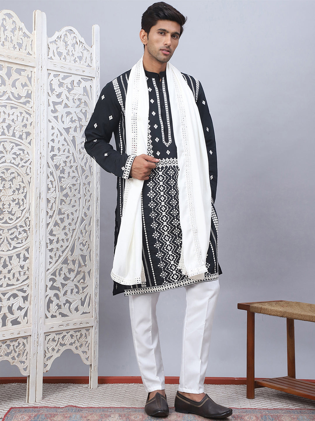 Black Embroidered Kurta Pajama Set with Dupatta | Mens Ethnic ...