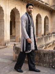 Embroidered Silk Blend Kurta Pyjama and Dupatta Set for Men ( JOKP PJ11B D 5077Grey )