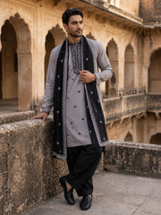 Embroidered Silk Blend Kurta Pyjama and Dupatta Set for Men ( JOKP PJ11B D 5077Grey )