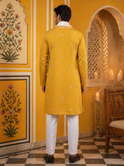 Embroidered Silk Blend Kurta Pyjama and Dupatta Set for Men ( JOKP P D 5077Mustard )