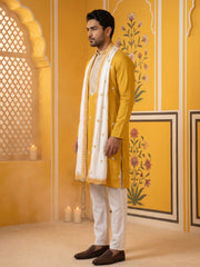 Embroidered Silk Blend Kurta Pyjama and Dupatta Set for Men ( JOKP P D 5077Mustard )