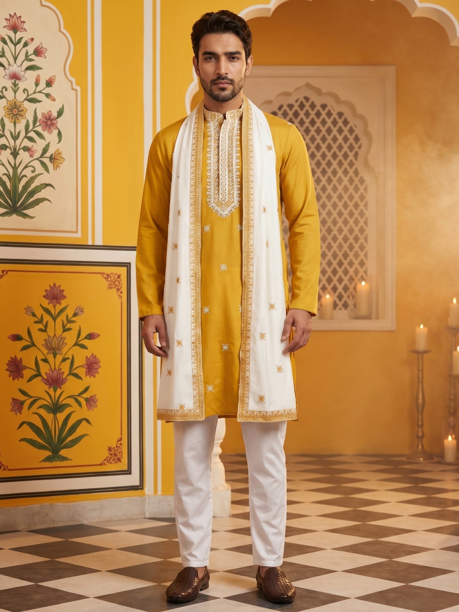 DesiQlo Men Embroidered Kurta Pyjama Set - Yellow - JOKP_P_D_5077Musta