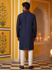Embroidered Silk Blend Kurta Pyjama and Dupatta Set for Men ( JOKP P D 5077Navy )