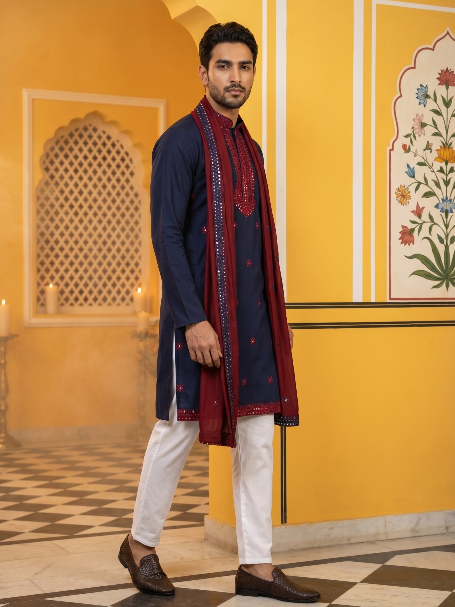 DesiQlo Men Embroidered Kurta Pyjama Set - Blue - JOKP_P_D_5077Navy_S