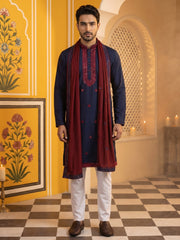 Embroidered Silk Blend Kurta Pyjama and Dupatta Set for Men ( JOKP P D 5077Navy )