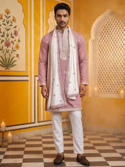 Embroidered Silk Blend Kurta Pyjama and Dupatta Set for Men ( JOKP P D 5077Purple )