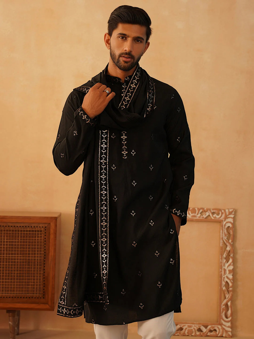 Black Embroidered Mens Kurta Pajama Set with Dupatta