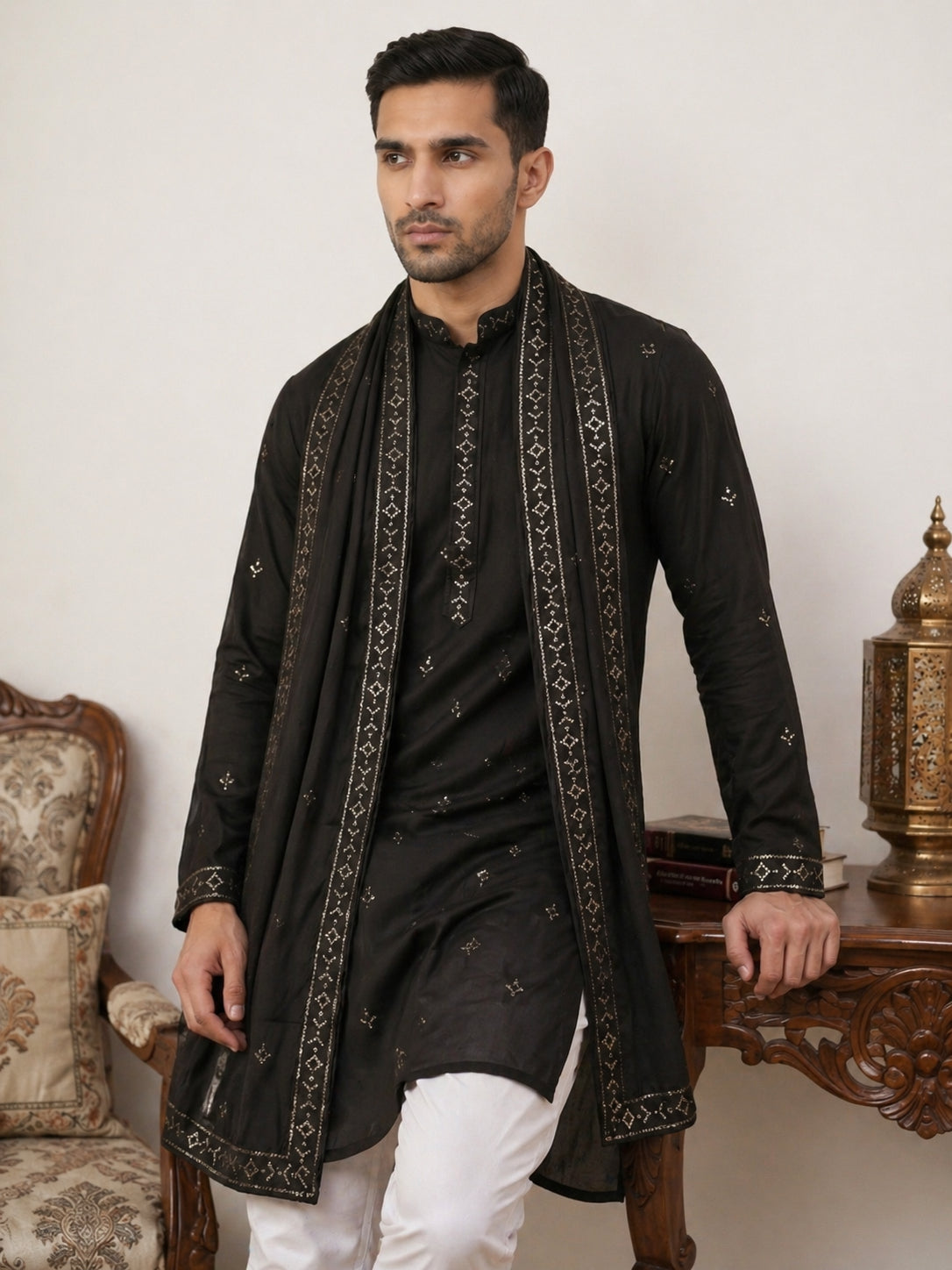 DesiQlo Men Embroidered Kurta Pyjama Set - Black - JOKP_P_D_5088Black_