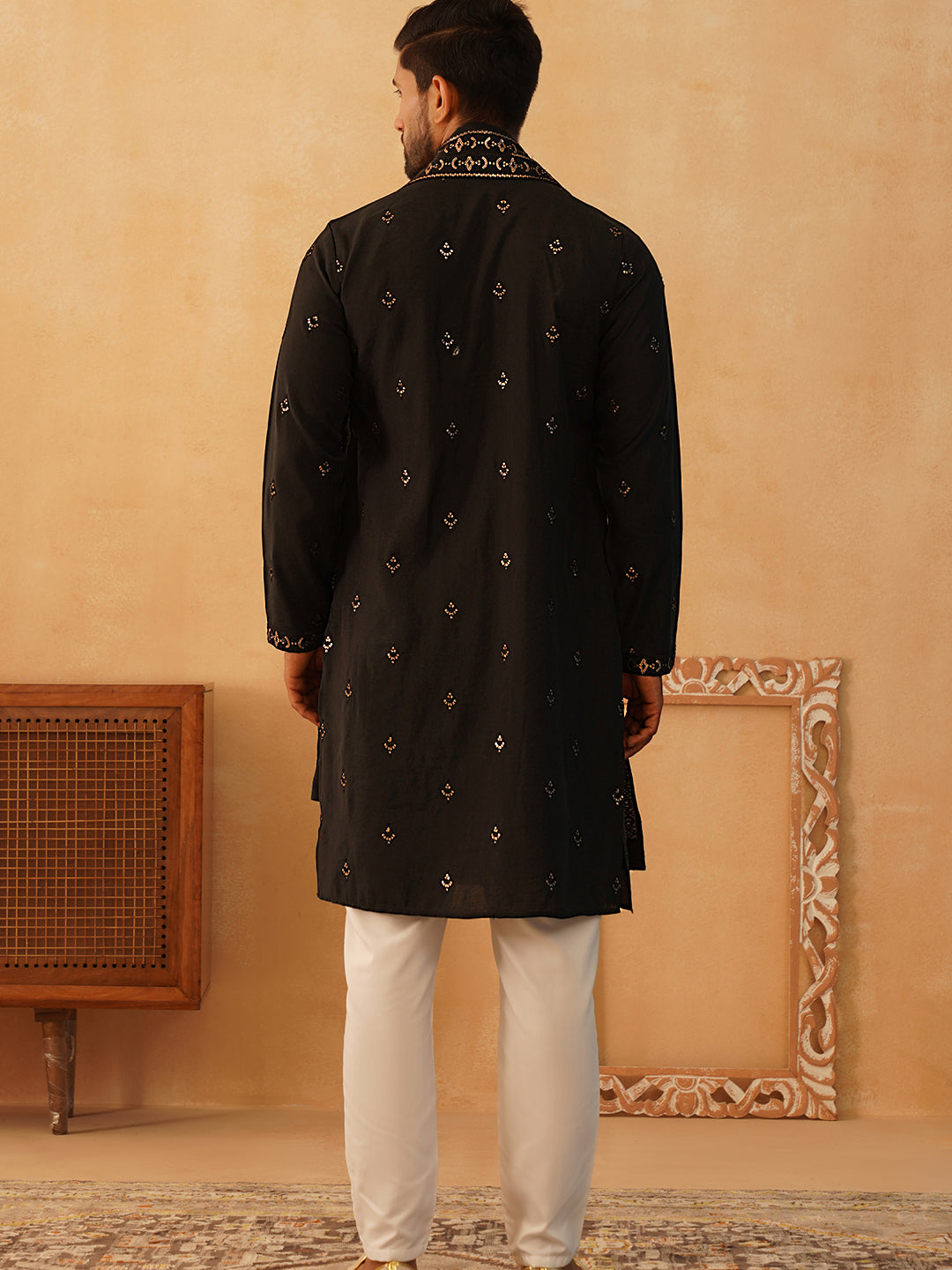 Black Embroidered Mens Kurta Pajama Set with Dupatta