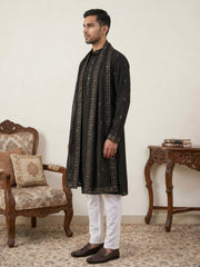 Silk Blend Embroidered Kurta Pyjama with Dupatta ( JOKP P D 5088Black )