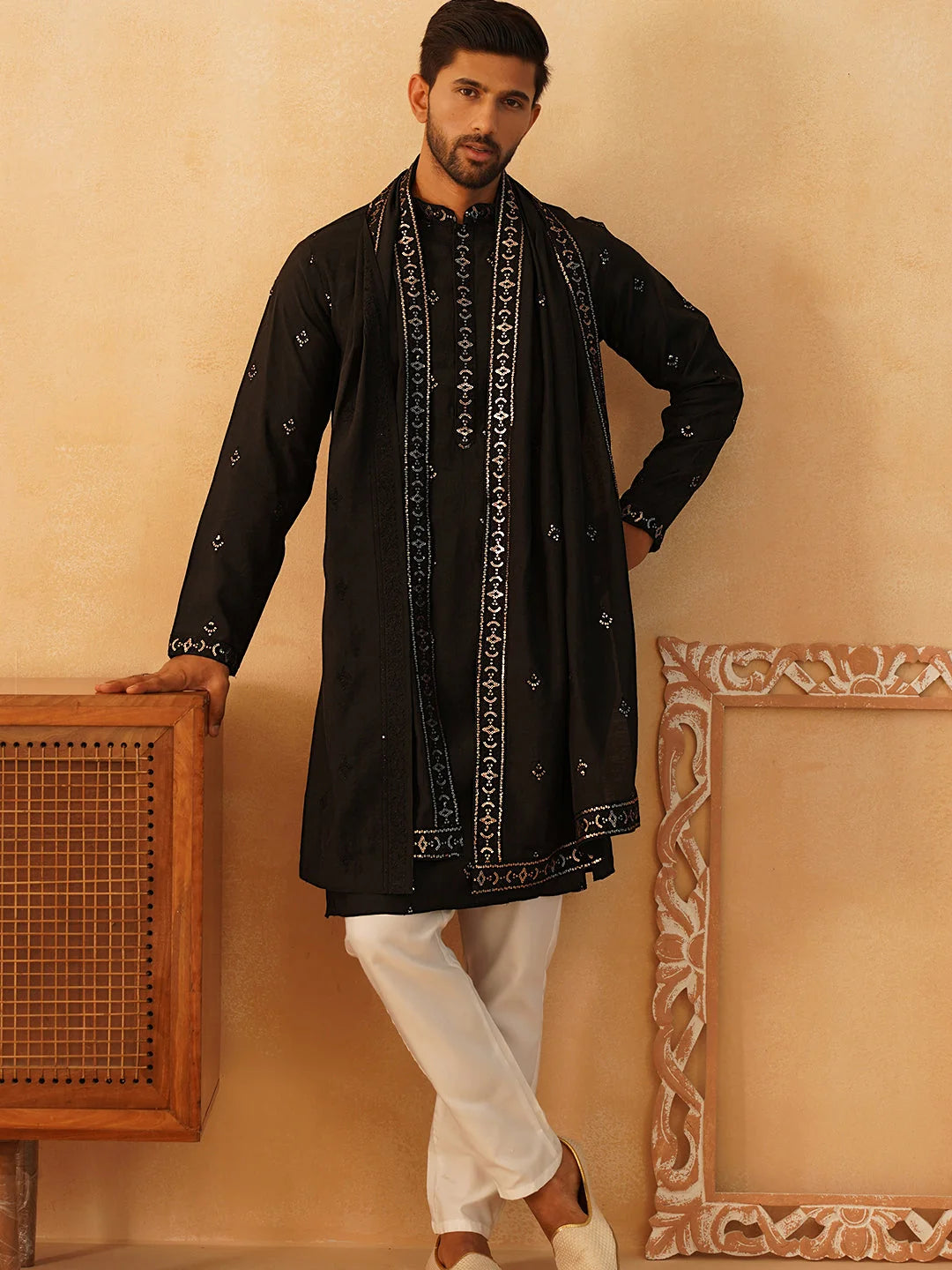 Black Embroidered Mens Kurta Pajama Set with Dupatta