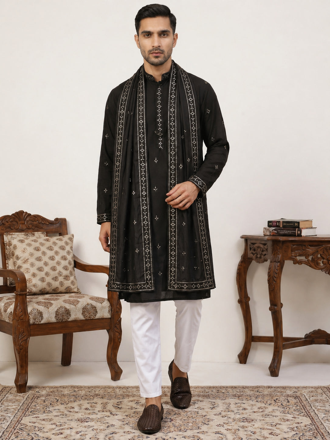 DesiQlo Men Embroidered Kurta Pyjama Set - Black - JOKP_P_D_5088Black_