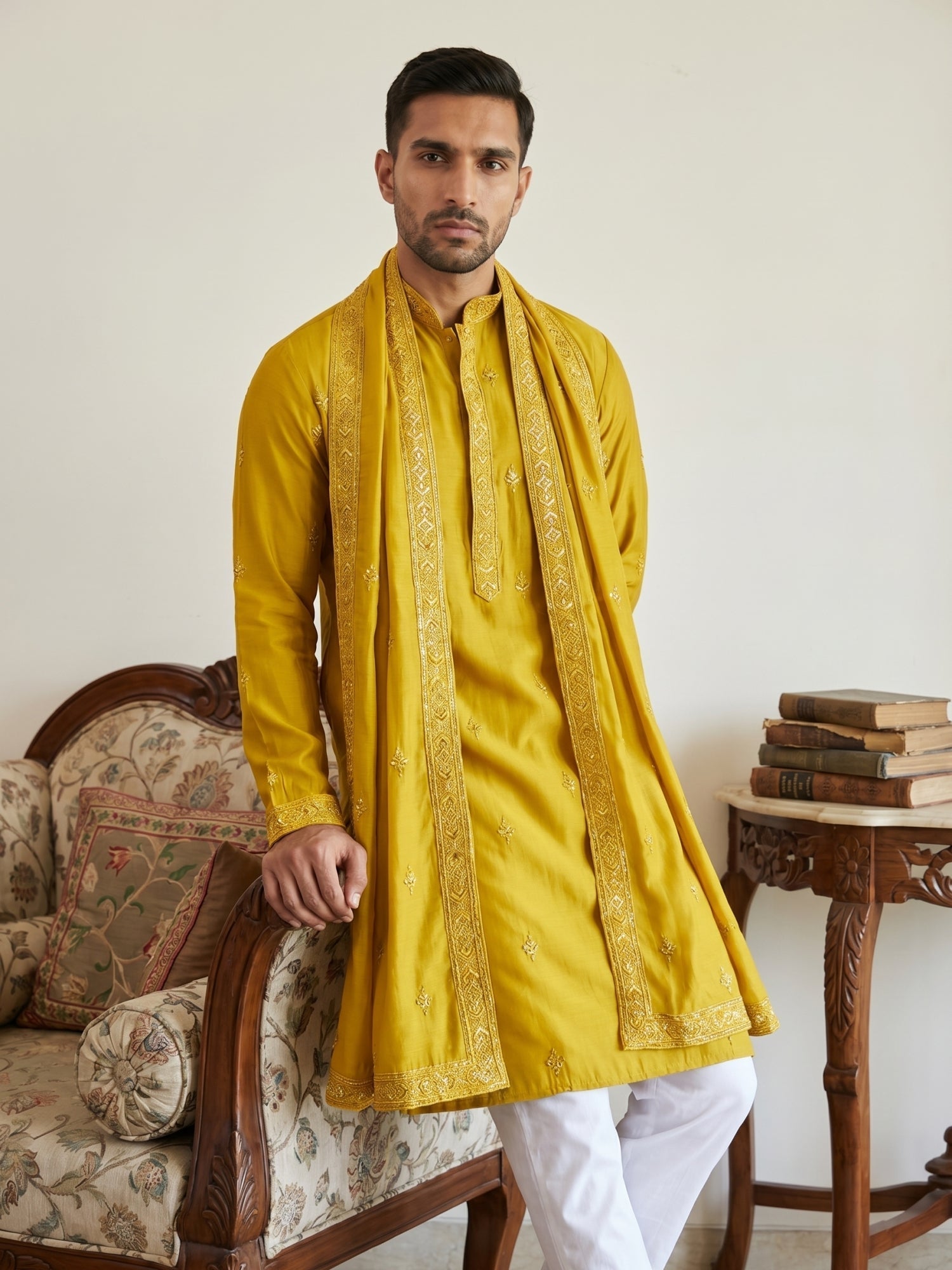 DesiQlo Men Embroidered Kurta Pyjama Set - Yellow - JOKP_P_D_5088Musta