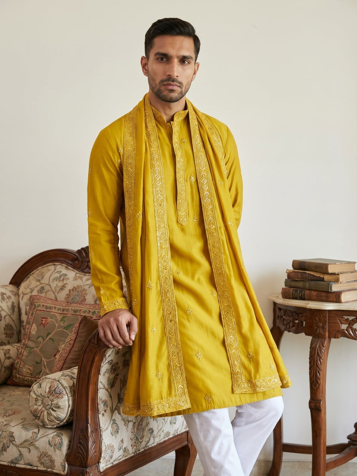 Silk Blend Embroidered Kurta Pyjama with Dupatta ( JOKP P D 5088Mustard )