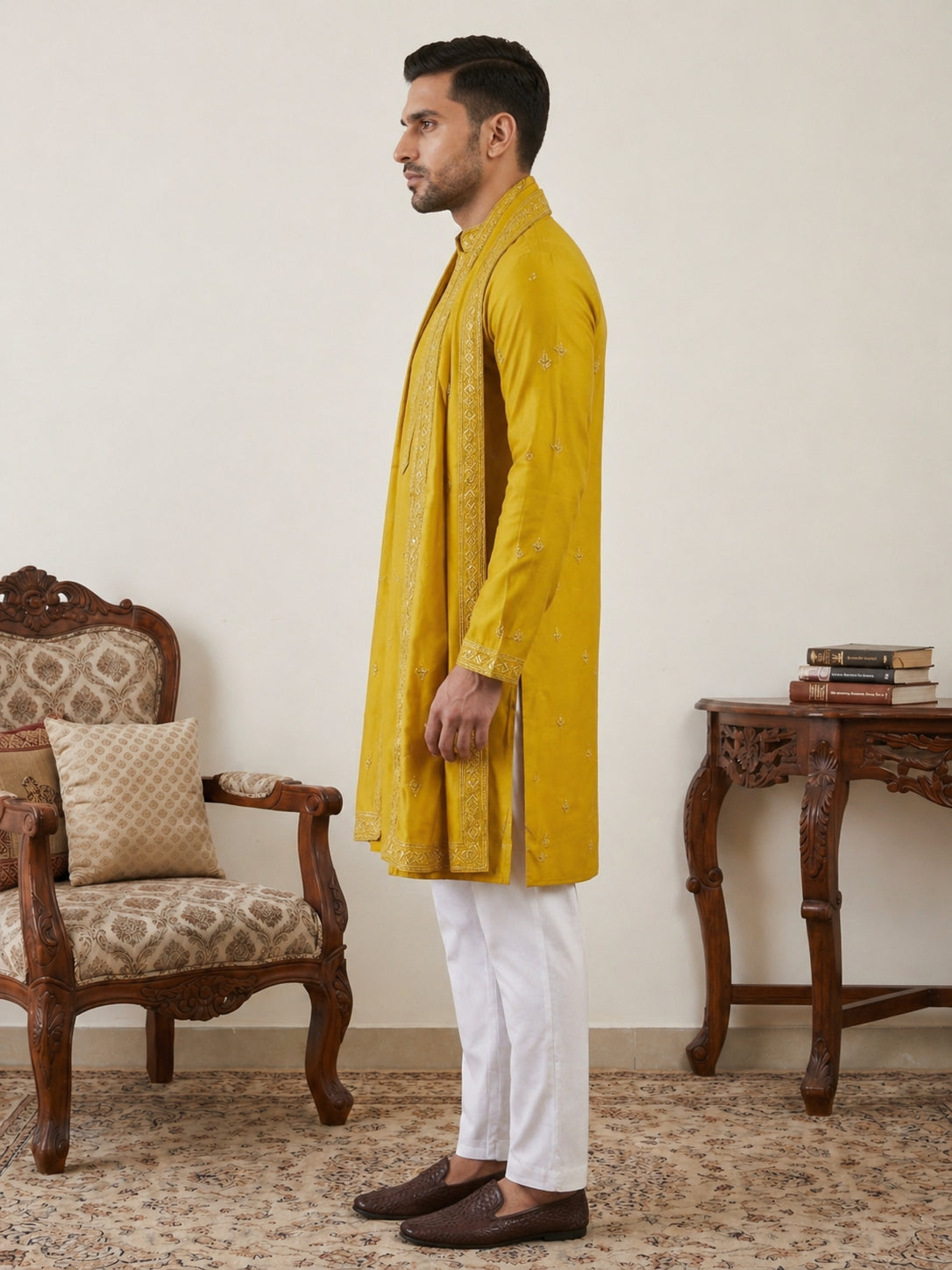 DesiQlo Men Embroidered Kurta Pyjama Set - Yellow - JOKP_P_D_5088Musta
