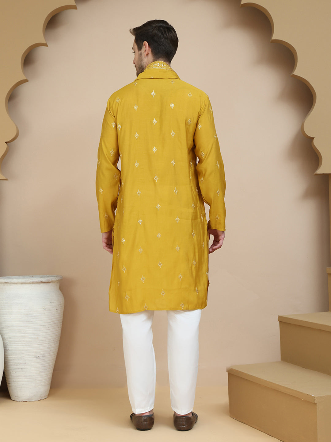 DesiQlo Men Embroidered Kurta Pyjama Set - Yellow - KOD_5088mustard_S