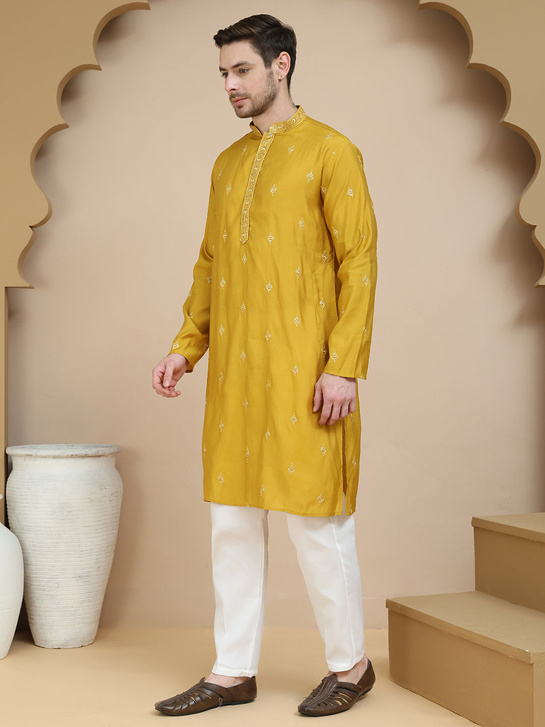 DesiQlo Men Embroidered Kurta Pyjama Set - Yellow - JOK - JOKP_D_5088M