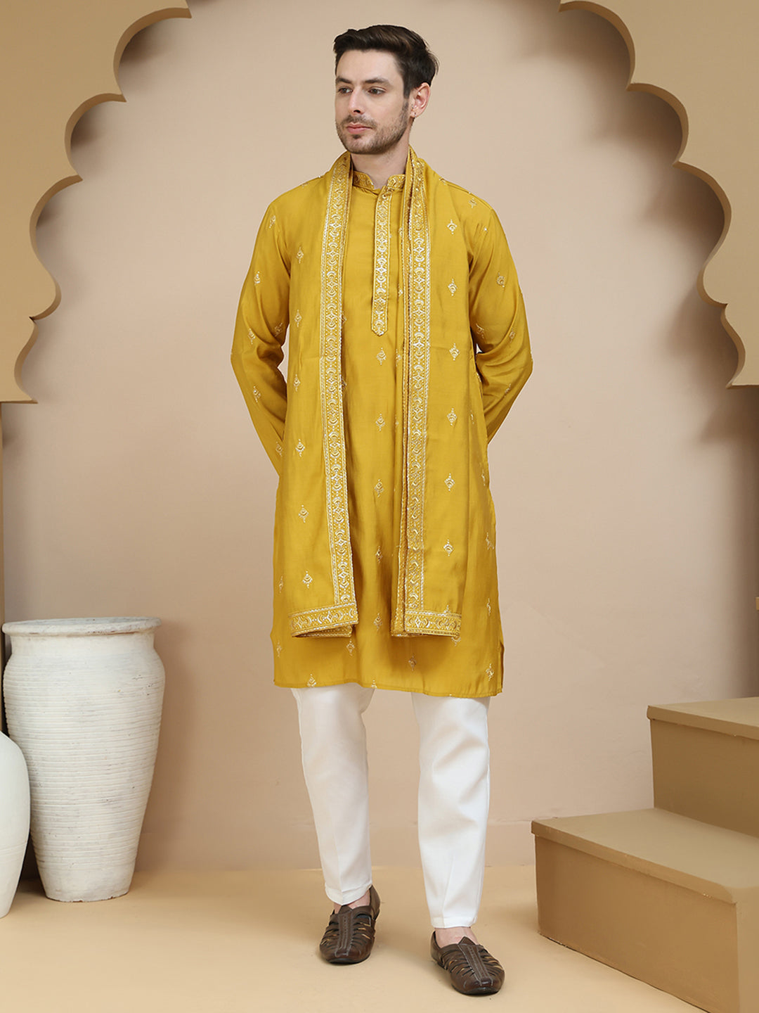 DesiQlo Men Embroidered Kurta Pyjama Set - Yellow - JOK - JOKP_D_5088M