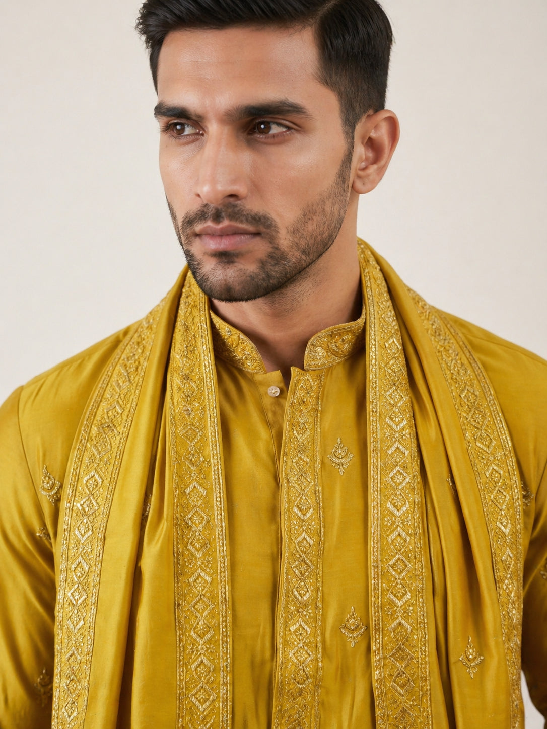 DesiQlo Men Embroidered Kurta Pyjama Set - Yellow - JOKP_P_D_5088Musta