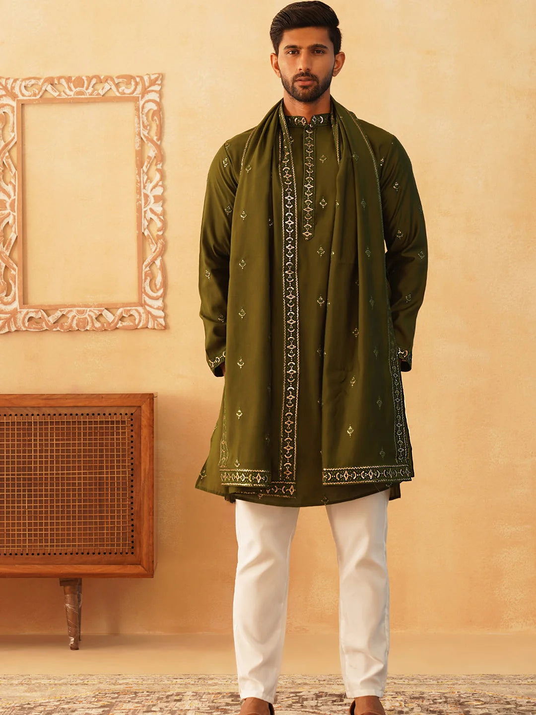 Olive Embroidered Mens Kurta Pajama Set with Dupatta - Style 1