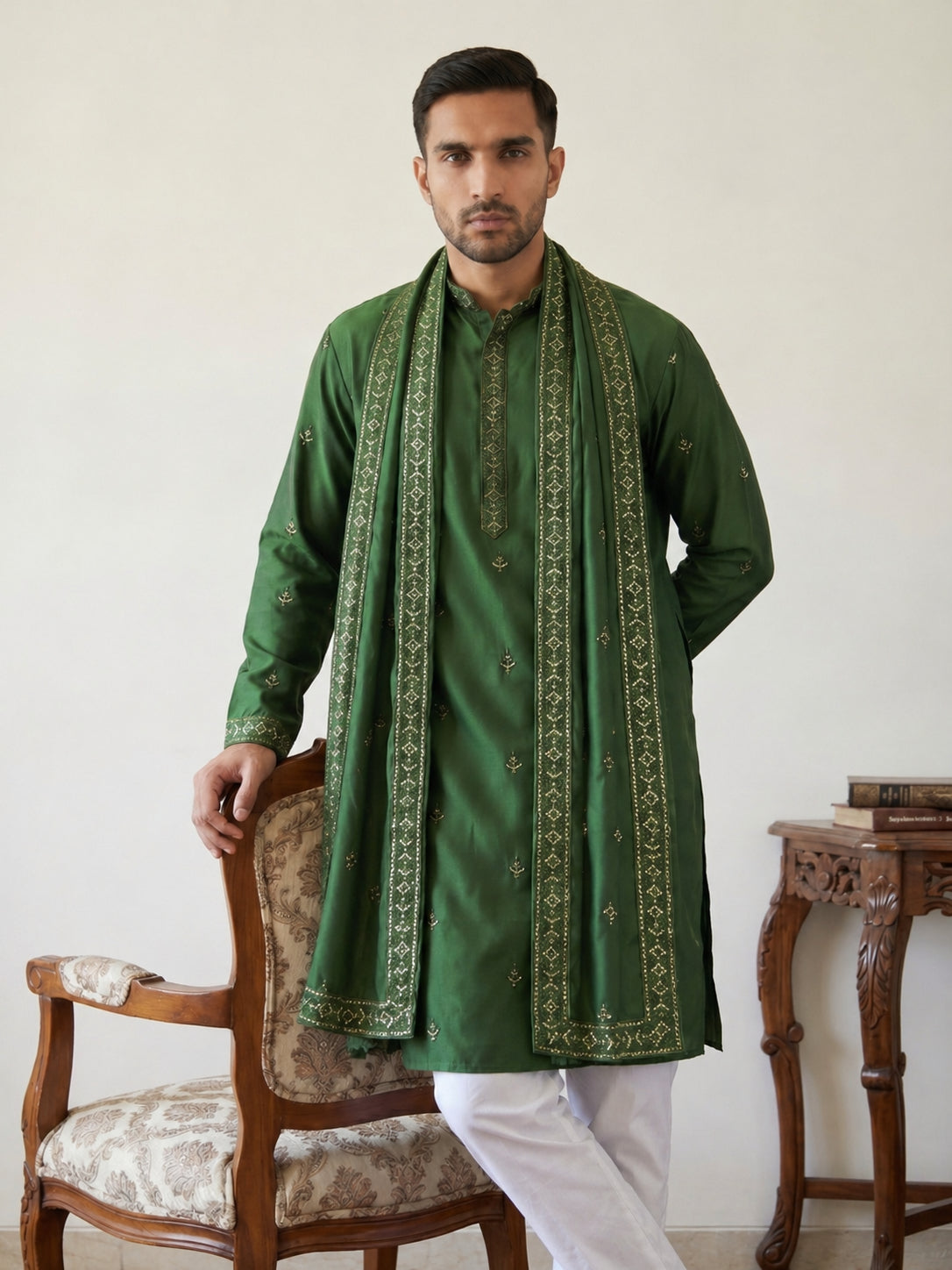 DesiQlo Men Embroidered Kurta Pyjama Set - Green - JOKP_P_D_5088Olive_