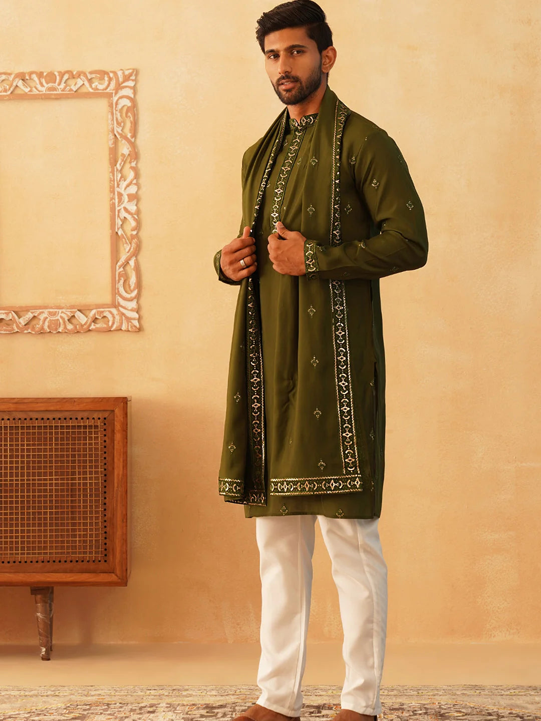 Olive Embroidered Mens Kurta Pajama Set with Dupatta - Style 1