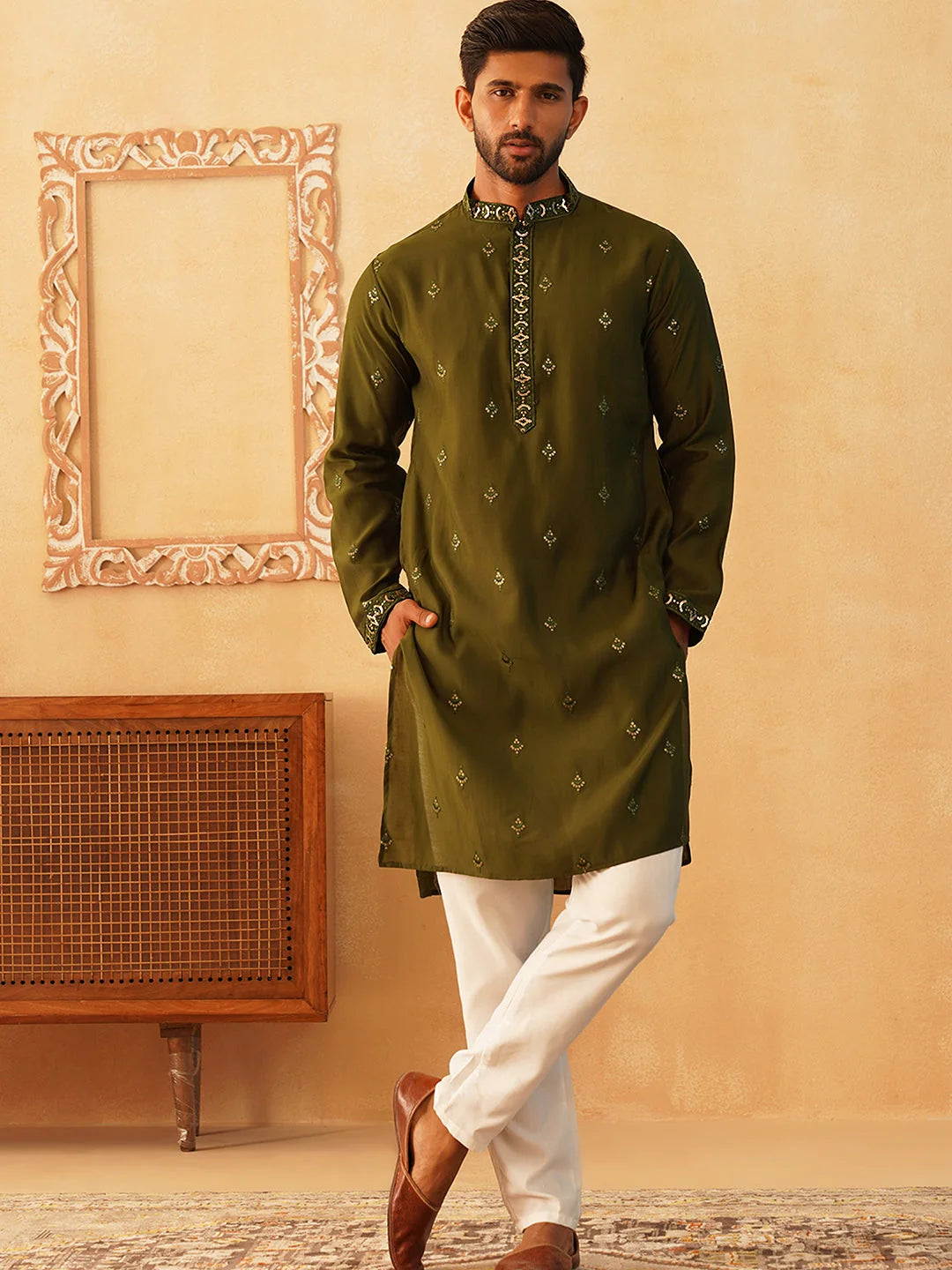 Olive Embroidered Mens Kurta Pajama Set with Dupatta - Style 1