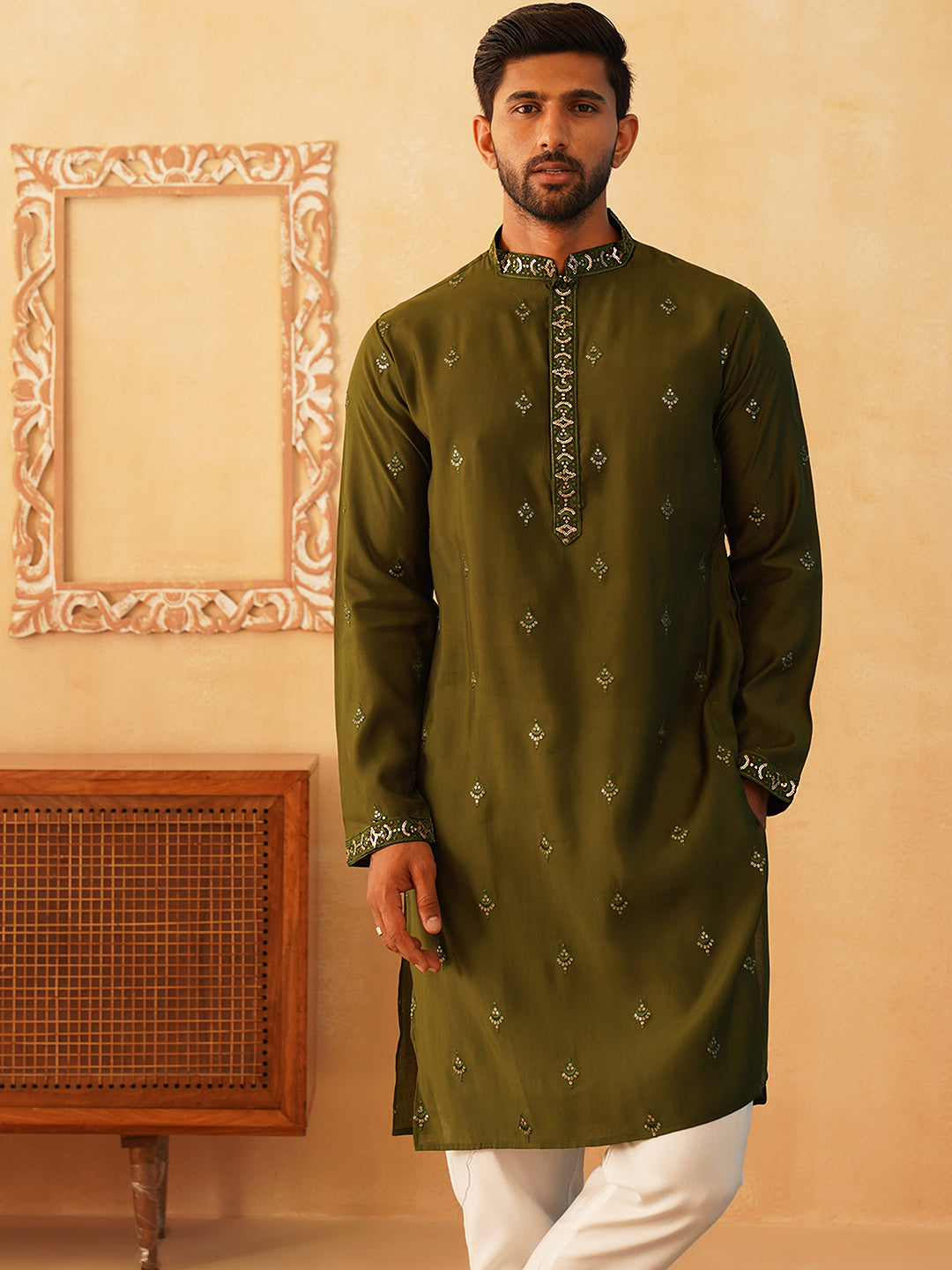 Olive Embroidered Mens Kurta Pajama Set with Dupatta - Style 1
