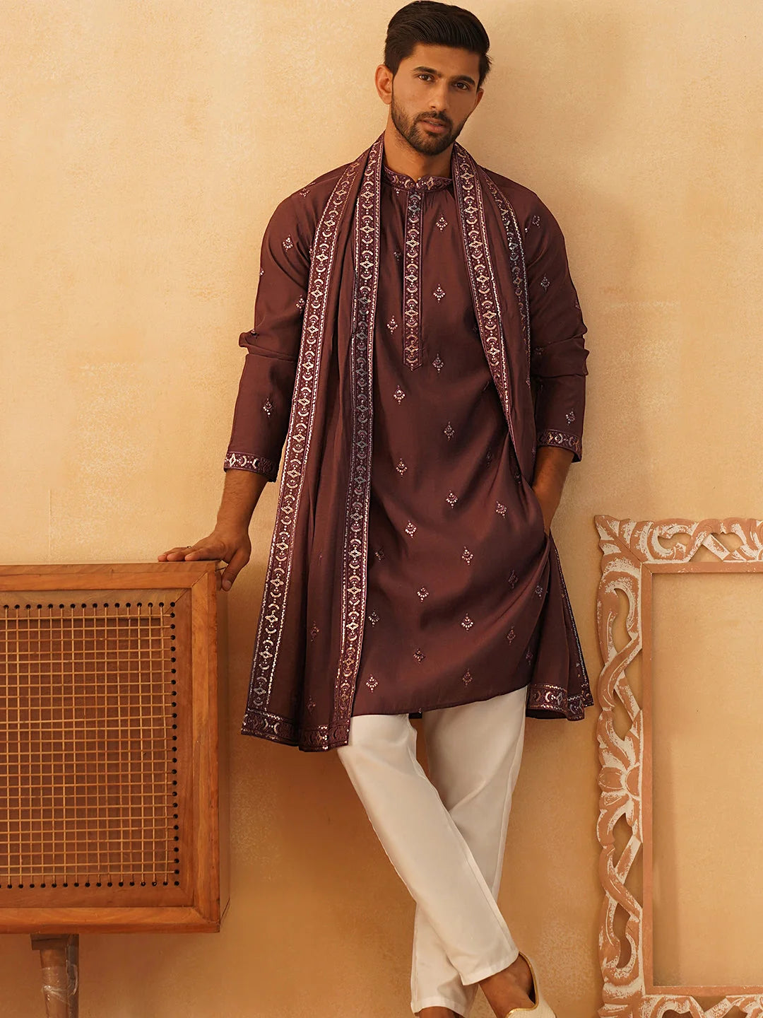 Purple Embroidered Kurta Pajama Set with Dupatta for Men