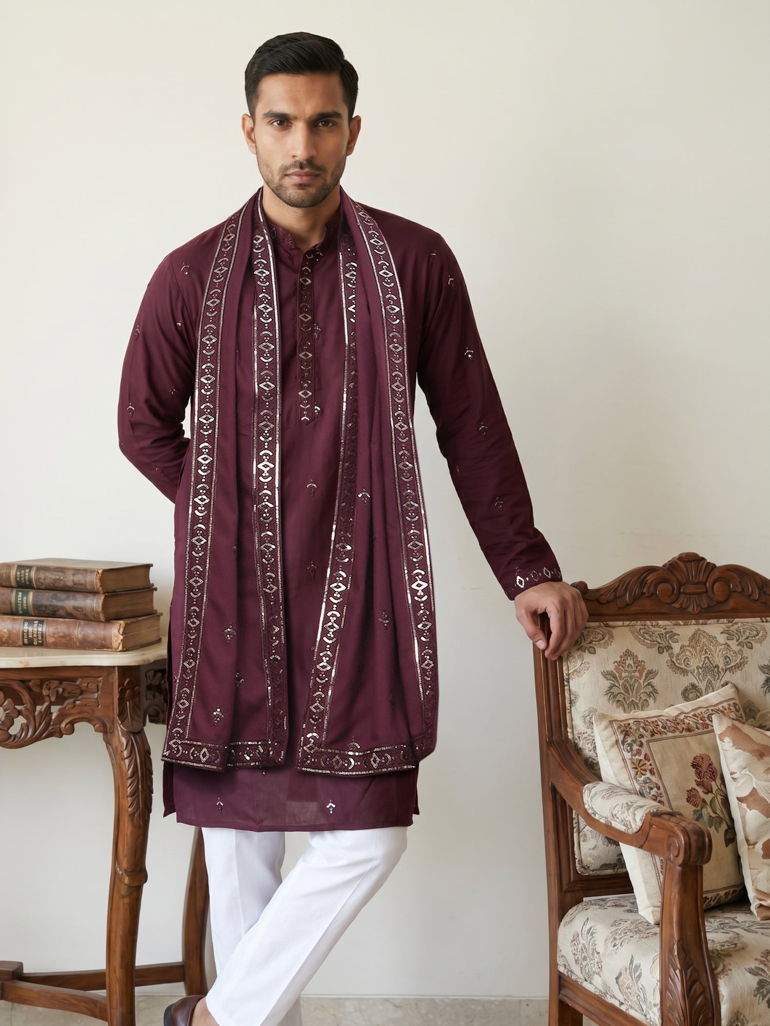DesiQlo Men Embroidered Kurta Pyjama Set - Purple - JOKP_P_D_5088Purpl