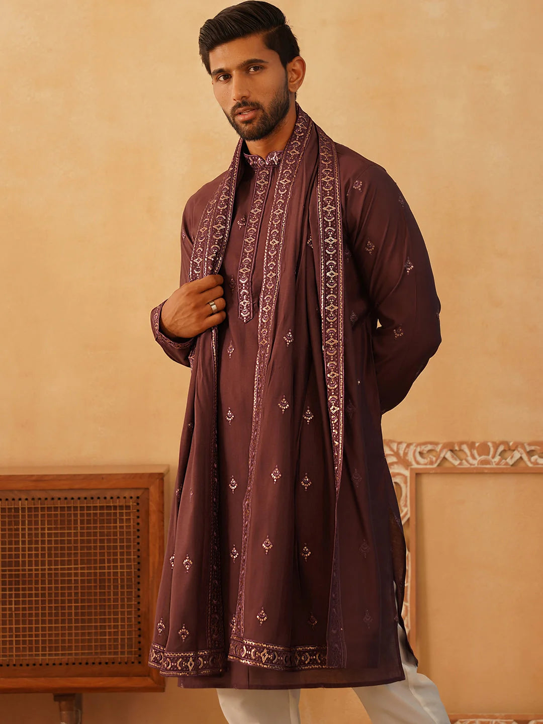 Purple Embroidered Kurta Pajama Set with Dupatta for Men