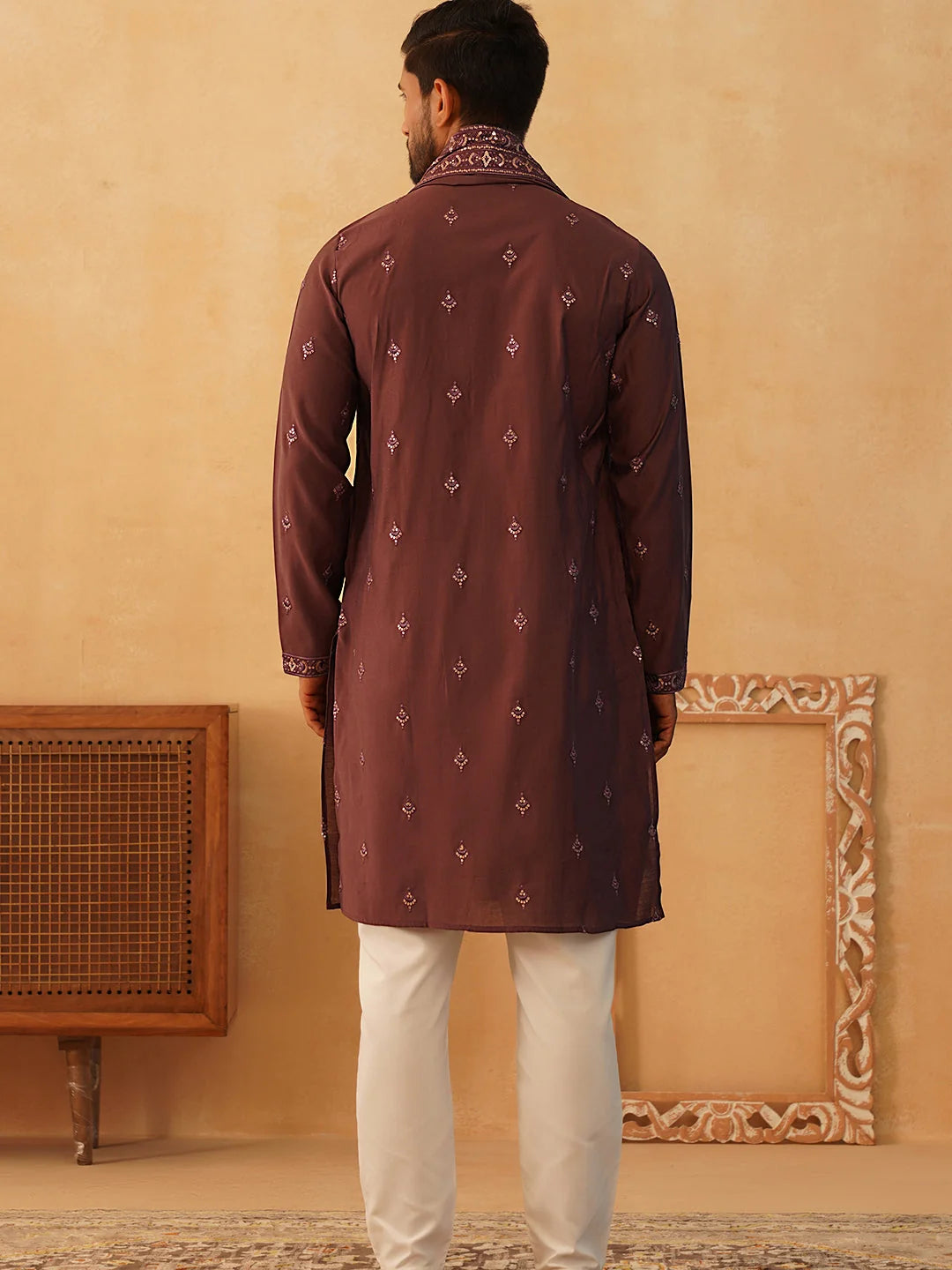 Purple Embroidered Kurta Pajama Set with Dupatta for Men
