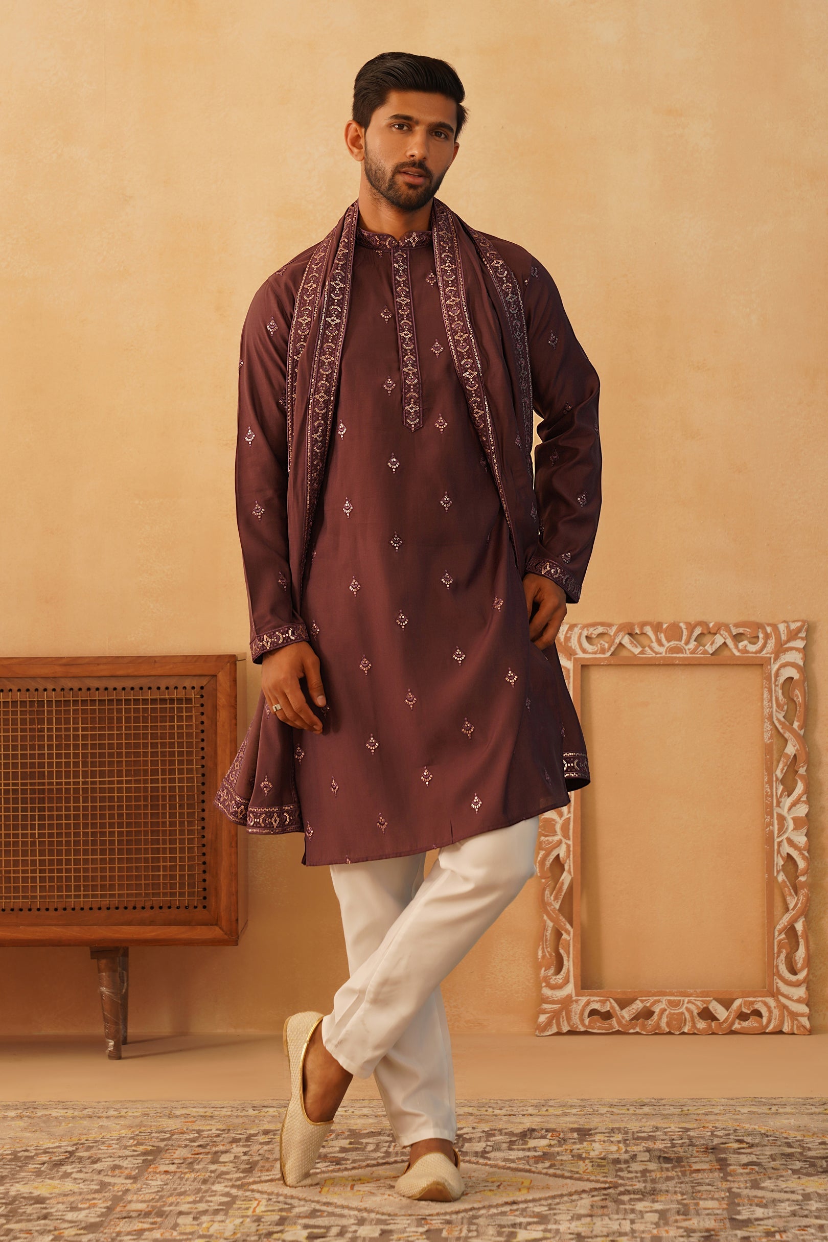 DesiQlo Men Embroidered Kurta Pyjama Set - Purple - KOD_5088purple_S