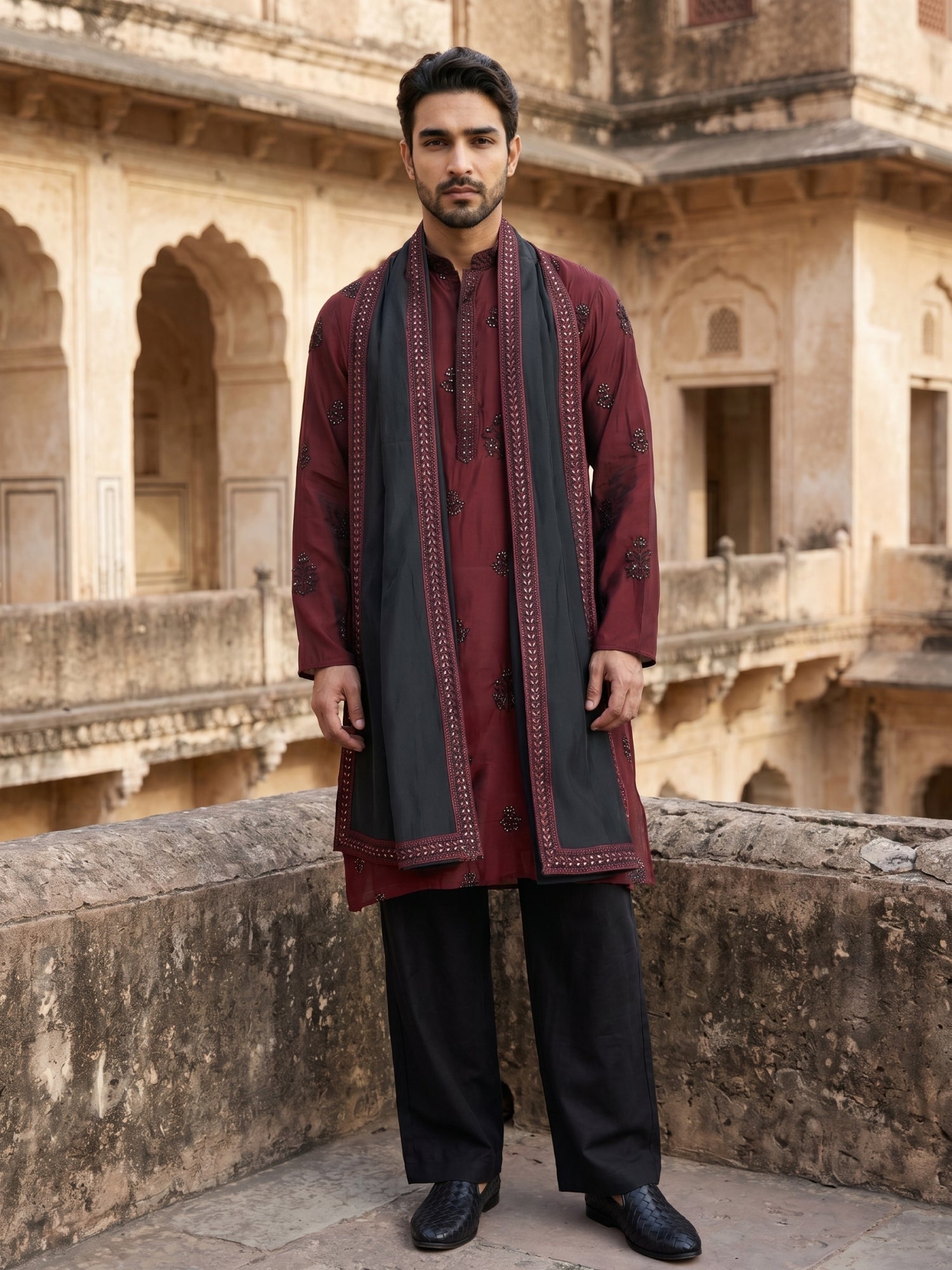 DesiQlo Men Embroidered Kurta Pyjama Set - Maroon - JOKP_PJ11B_D_5091M