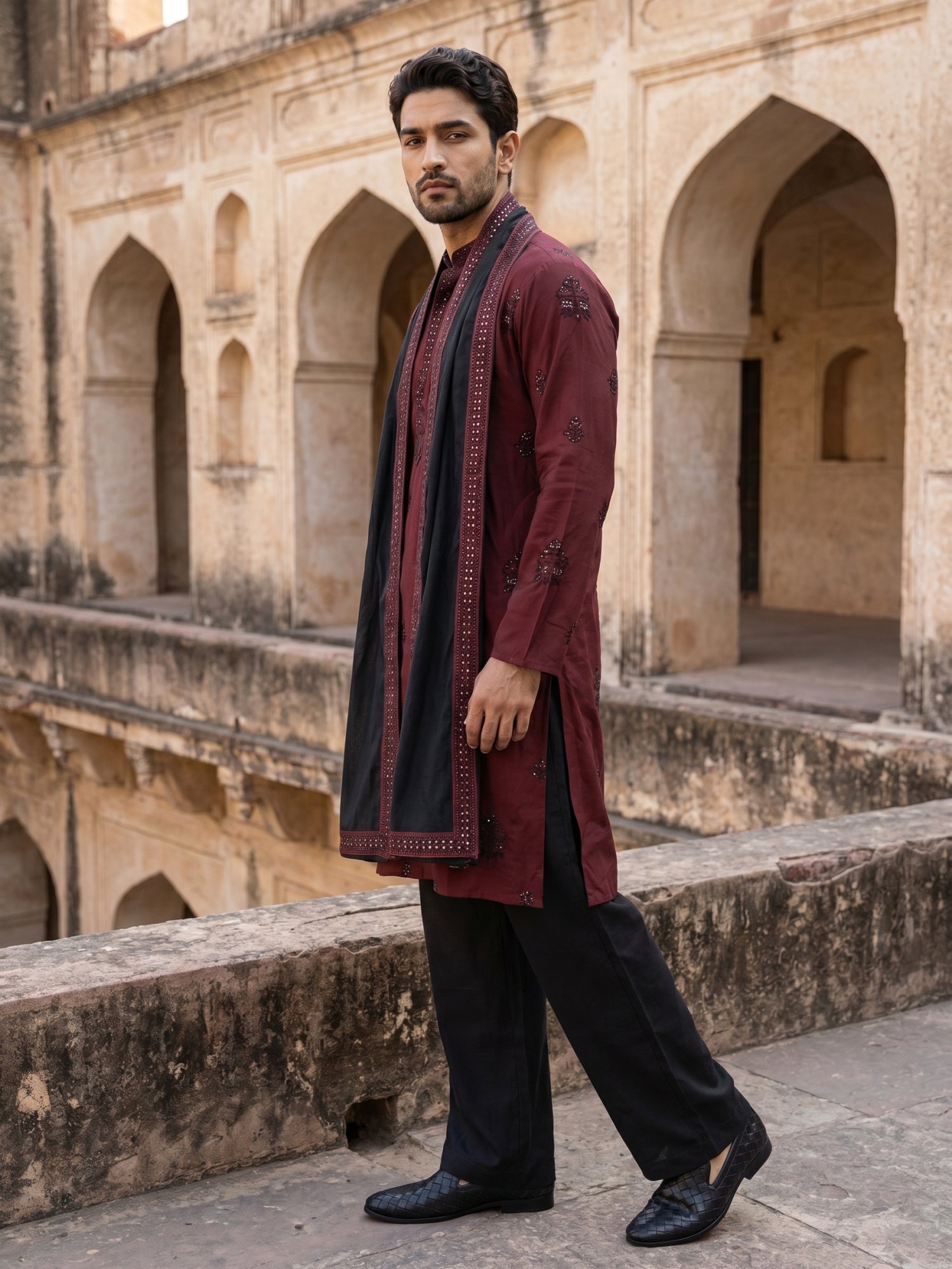 DesiQlo Men Embroidered Kurta Pyjama Set - Maroon - JOKP_PJ11B_D_5091M
