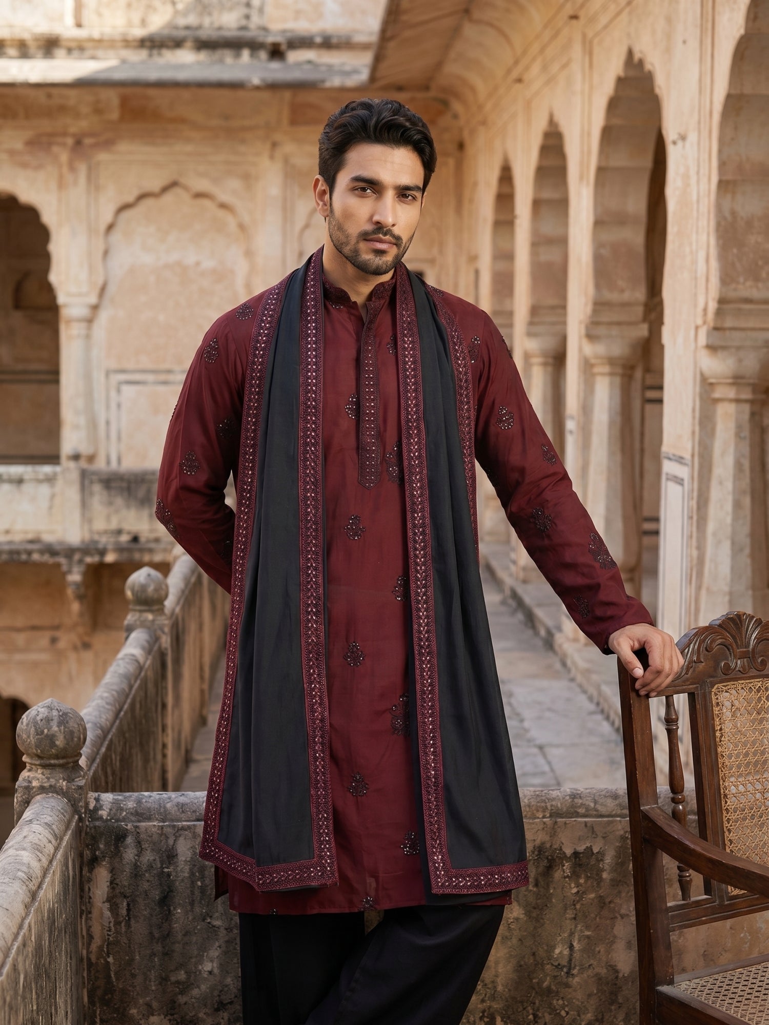 DesiQlo Men Embroidered Kurta Pyjama Set - Maroon - JOKP_PJ11B_D_5091M