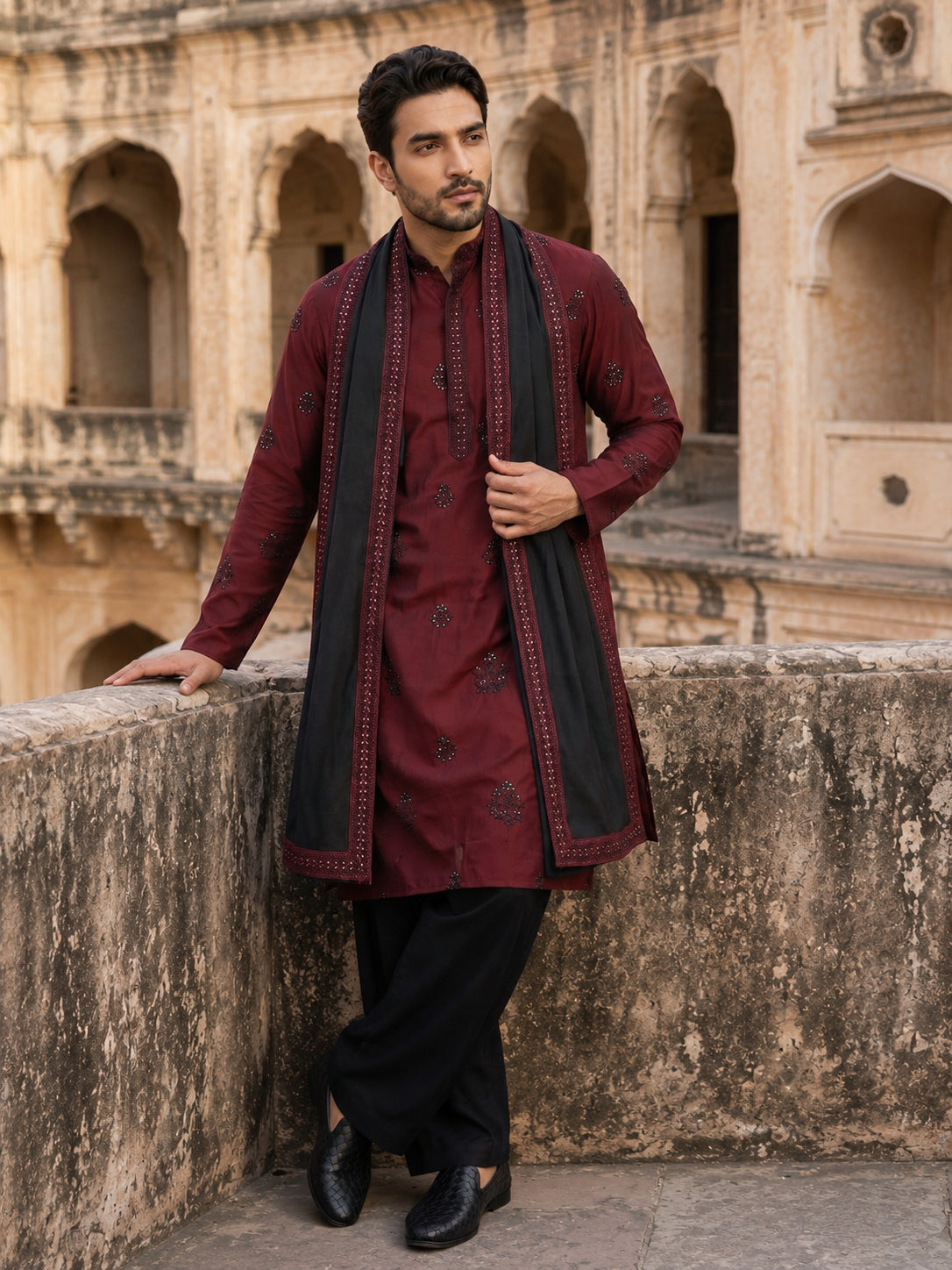 DesiQlo Men Embroidered Kurta Pyjama Set - Maroon - JOKP_PJ11B_D_5091M