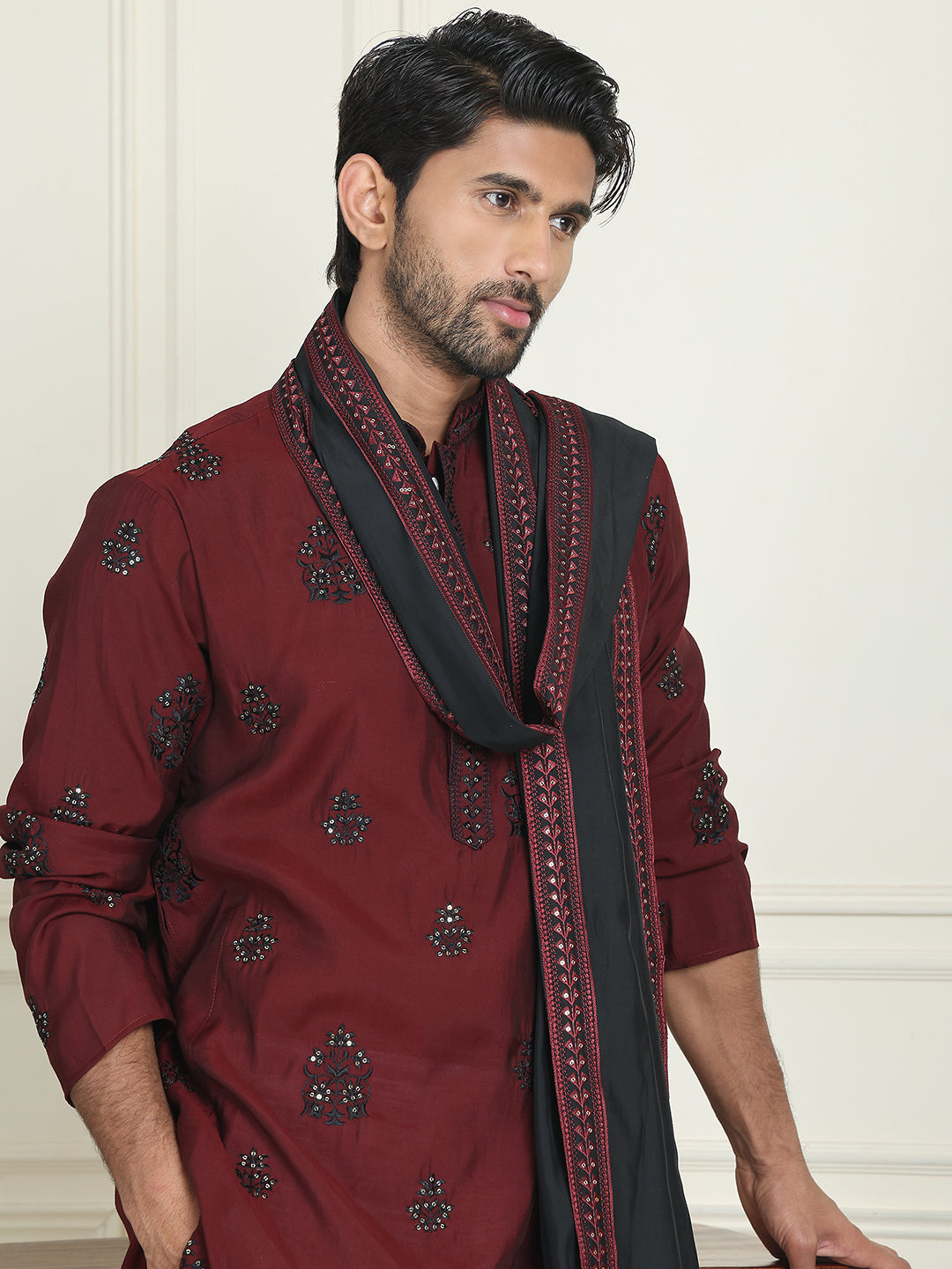 Embroidered & Sequin Kurta With Dupatta ( KOD 5091 maroon )