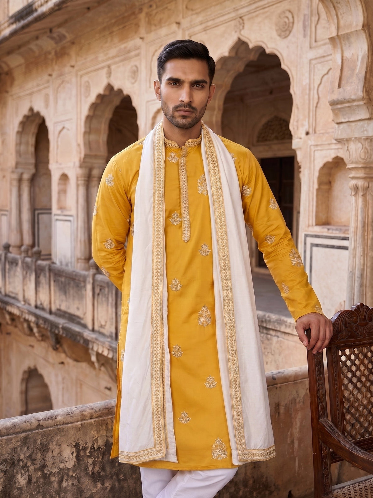 Embroidered & Sequin Kurta Pyjama With Dupatta ( JOKP P D 5091Mustard )