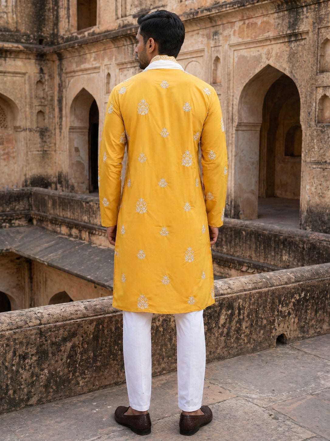 DesiQlo Men Embroidered Kurta Pyjama Set - Yellow - JOKP_P_D_5091Musta