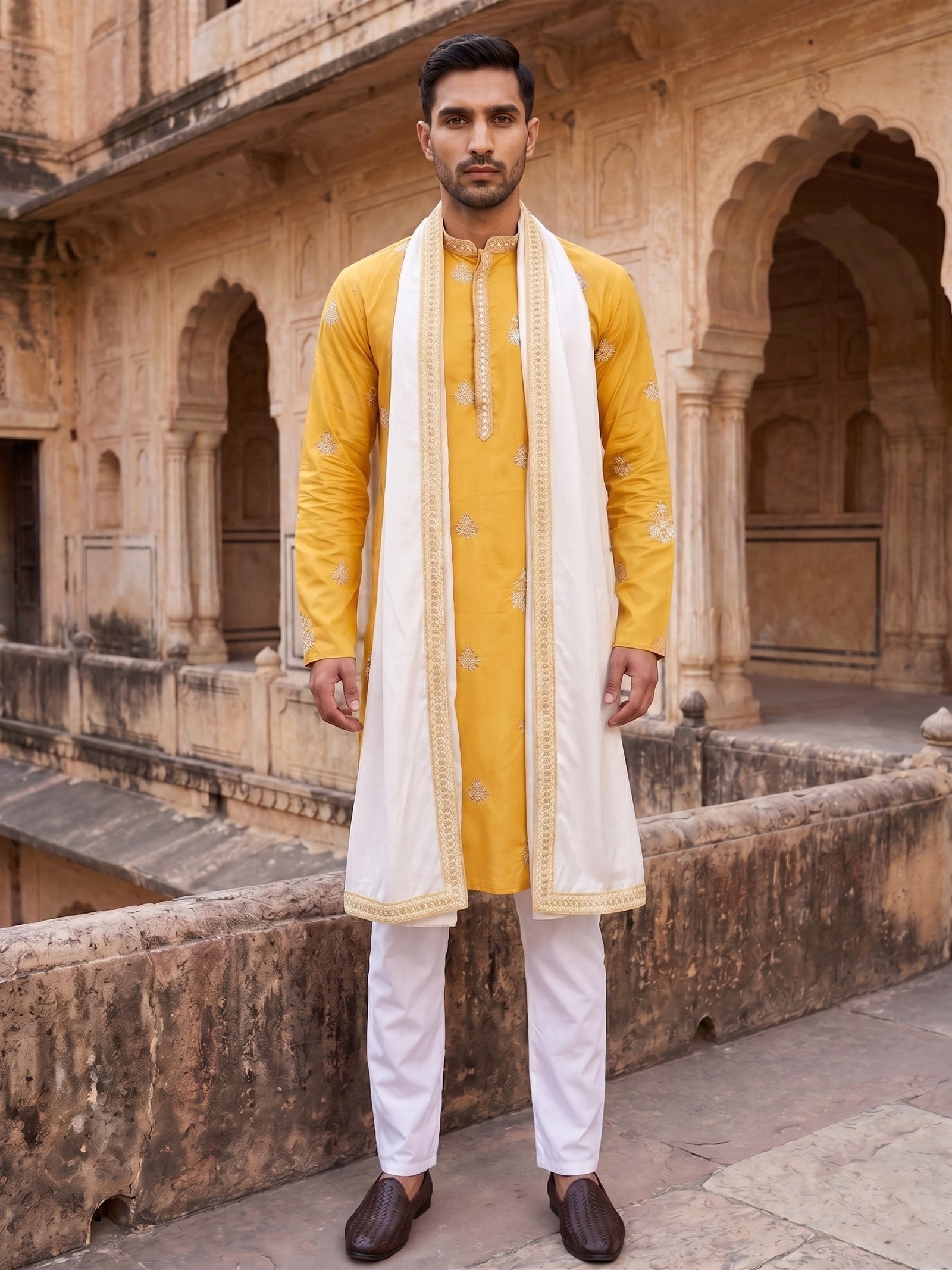 DesiQlo Men Embroidered Kurta Pyjama Set - Yellow - JOKP_P_D_5091Musta