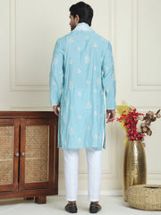 Embroidered & Sequin Kurta Pyjama With Dupatta ( JOKP P D 5091 Sky ) [FF] [M16-18 & N16-18]