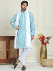 Embroidered & Sequin Kurta Pyjama With Dupatta ( JOKP P D 5091 Sky ) [FF] [M16-18 & N16-18]