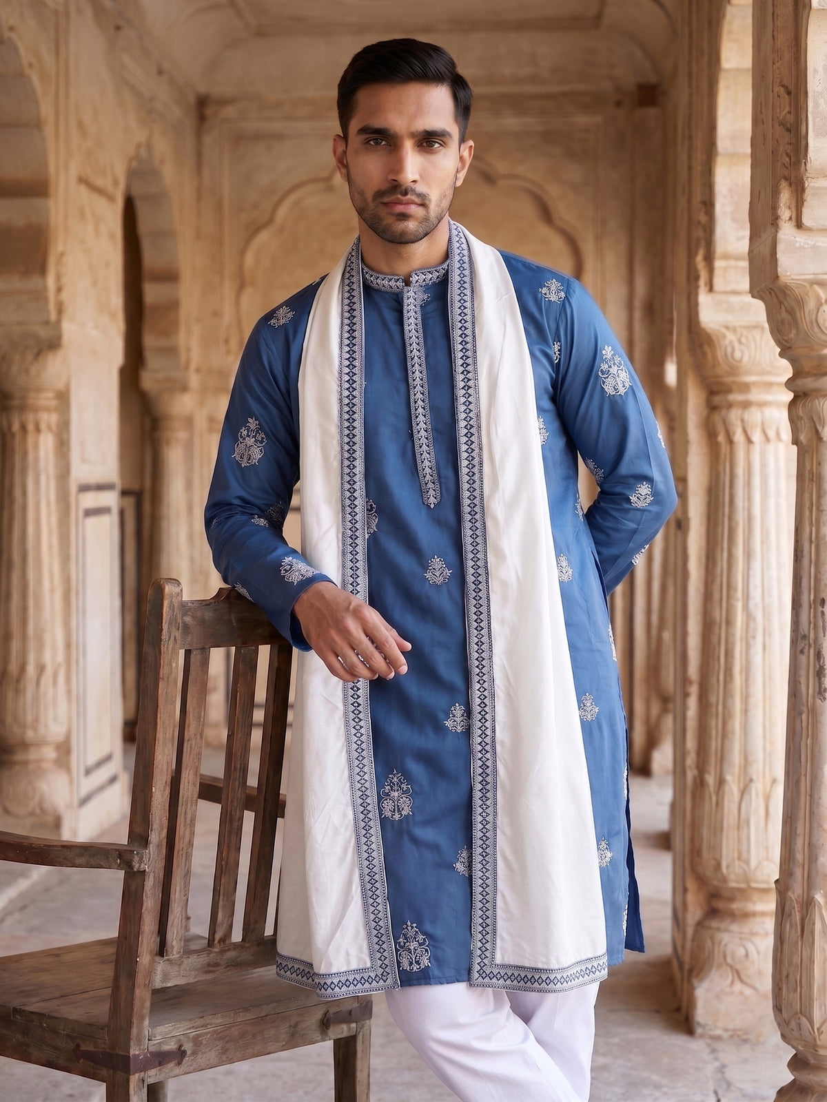 Embroidered & Sequin Kurta Pyjama With Dupatta ( JOKP P D 5091Teal )