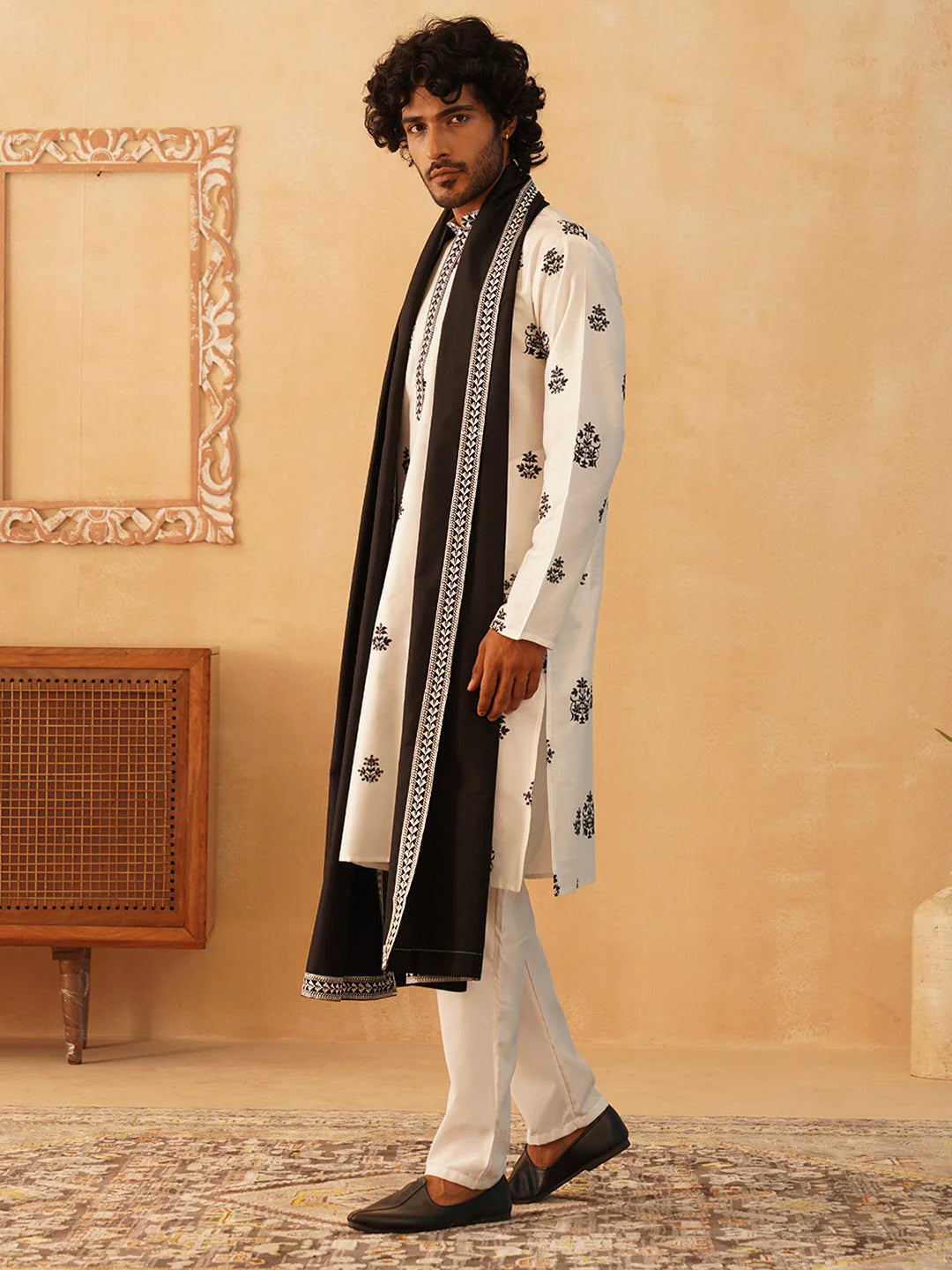 White Embroidered Mens Kurta Pajama Set with Dupatta