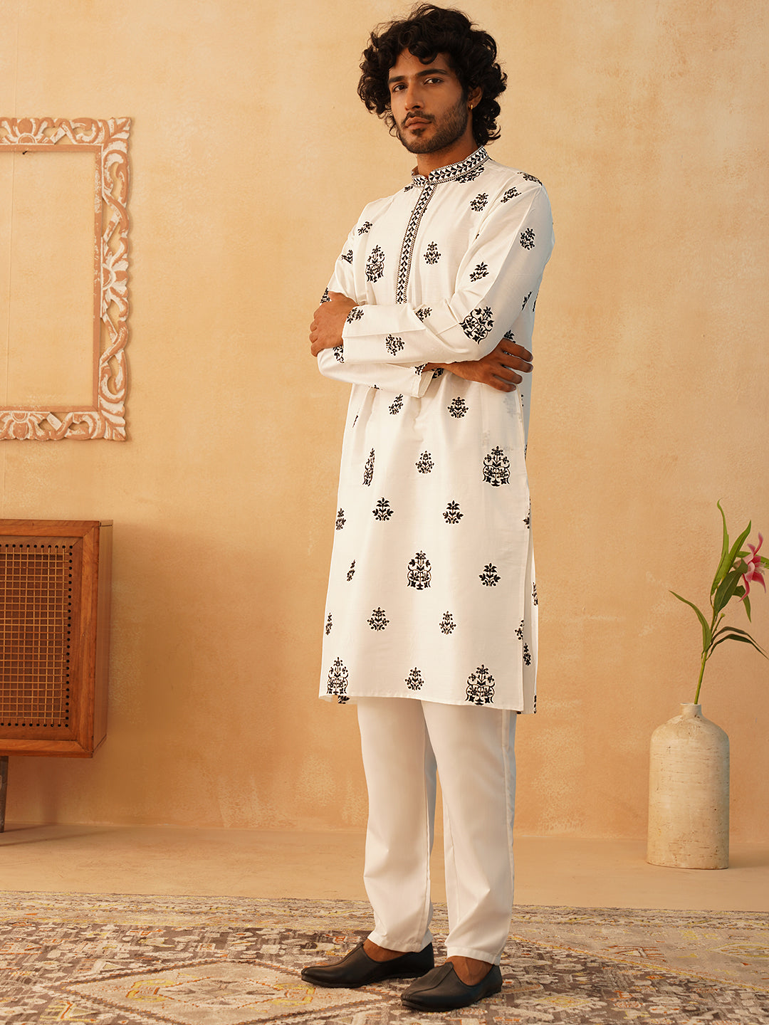 White Embroidered Mens Kurta Pajama Set with Dupatta