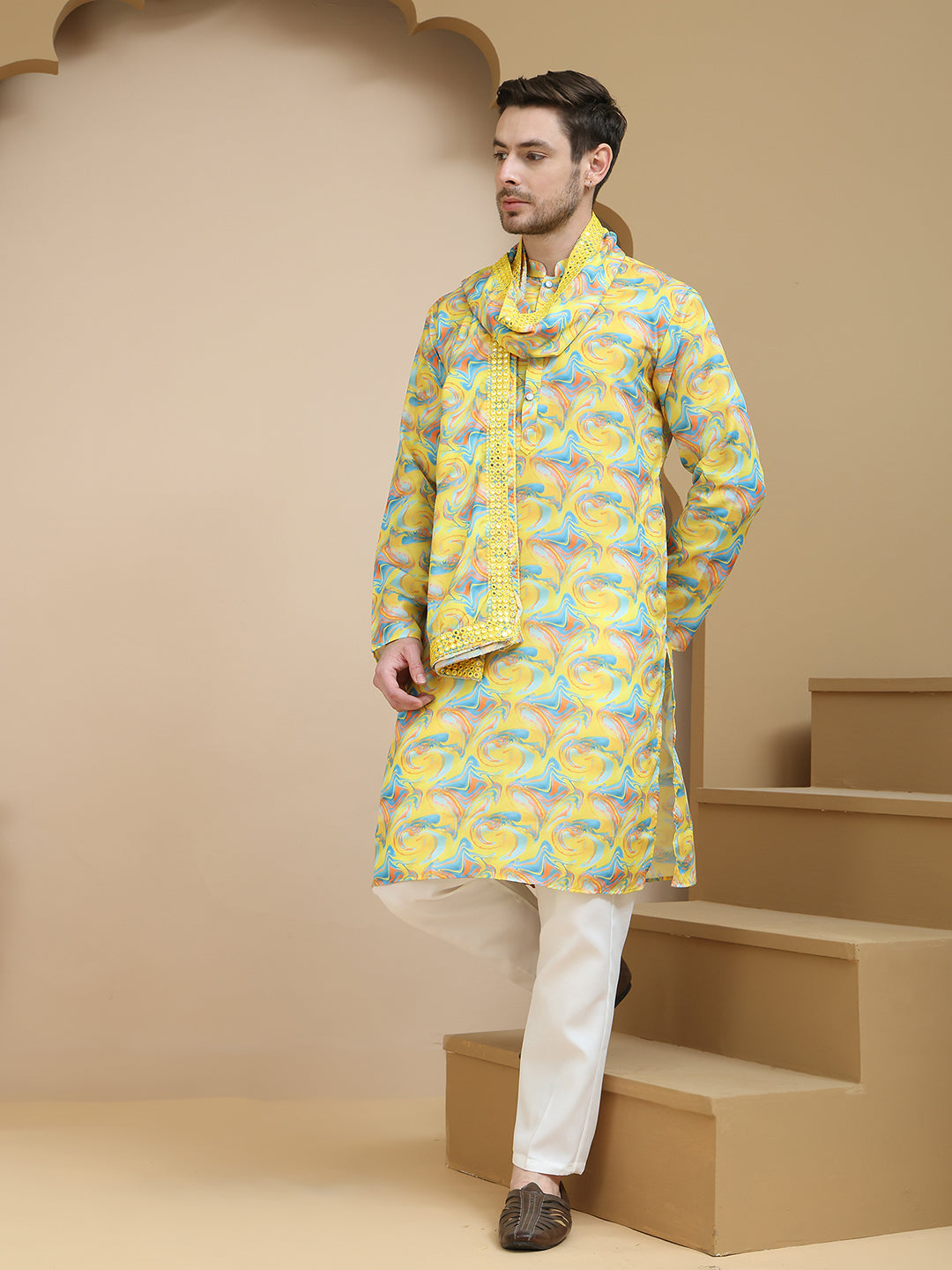 DesiQlo Men Printed Kurta Pyjama Set - Yellow - JOKP_D_5243Yellow_S